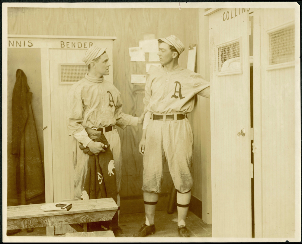 Frank Baker and Stuffy McInnis in the locker room